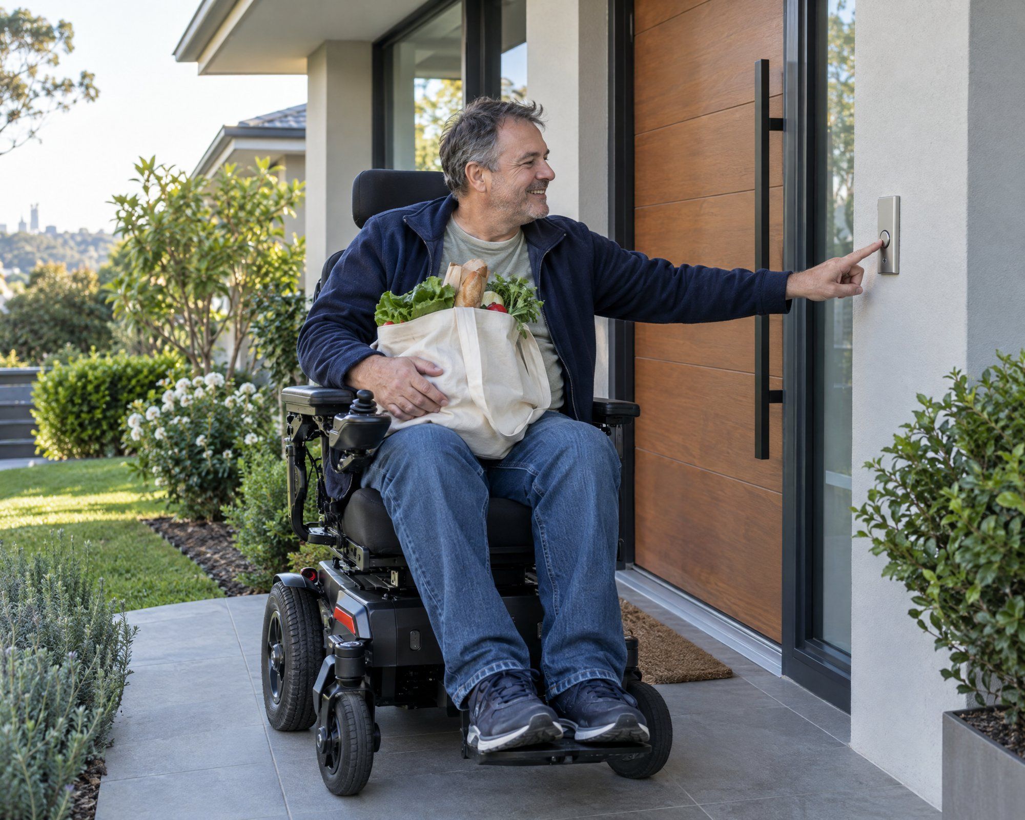 A man in a power wheelchair smiles as he presses the automatic door button to his home, groceries on his lap