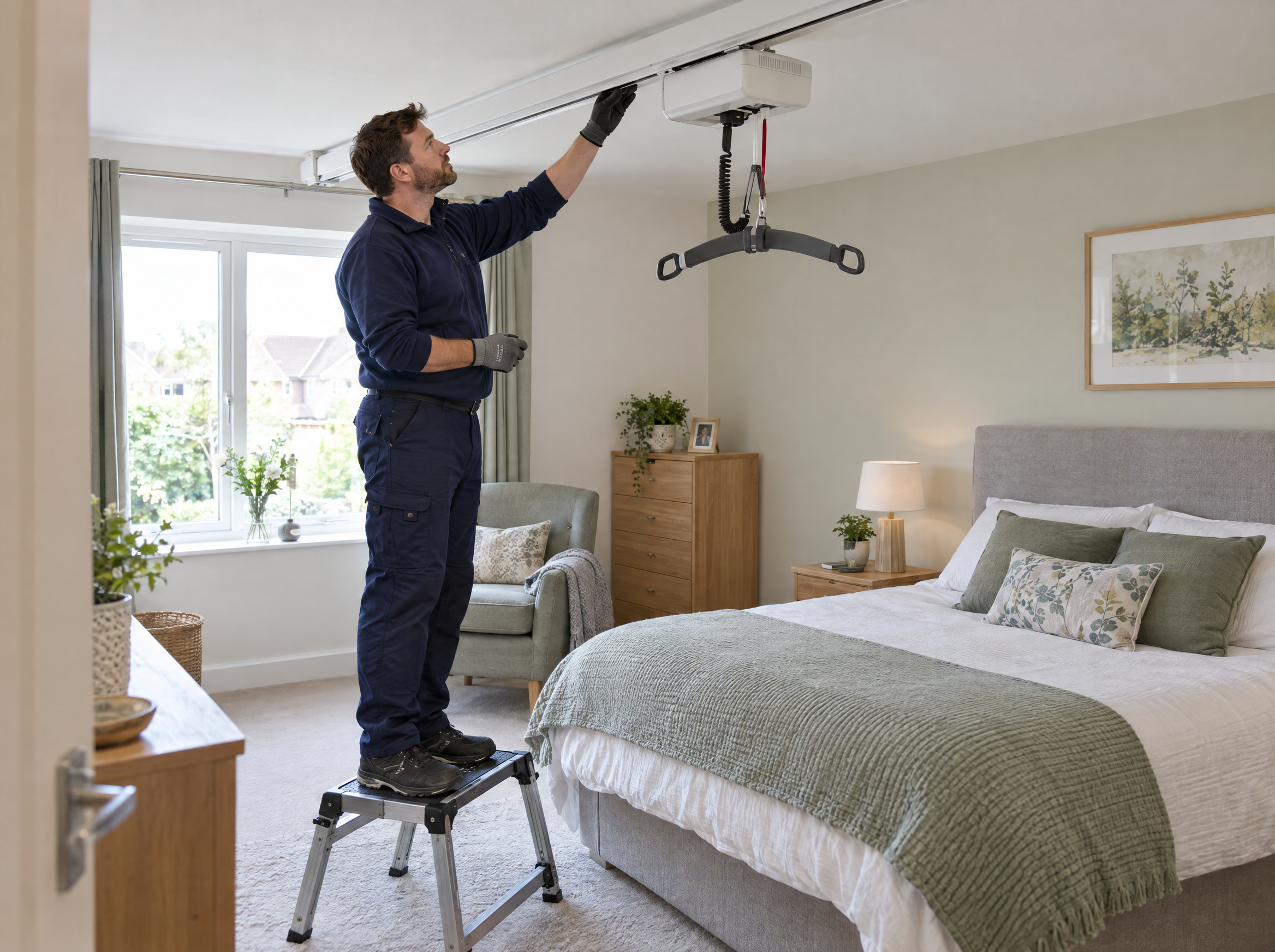 A technician checks a ceiling hoist track in a bright accessible bedroom