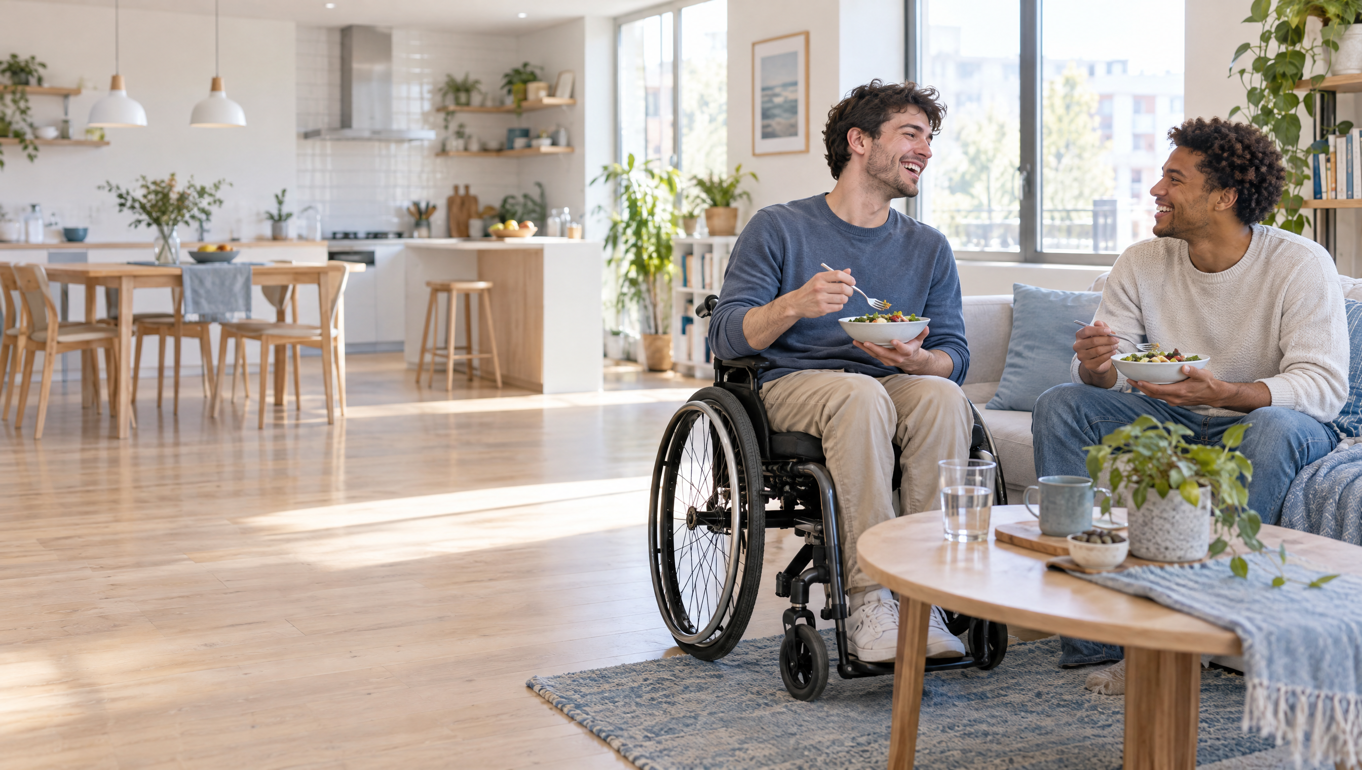 A young man in a wheelchair shares lunch and a laugh with a friend in a bright open-plan living room