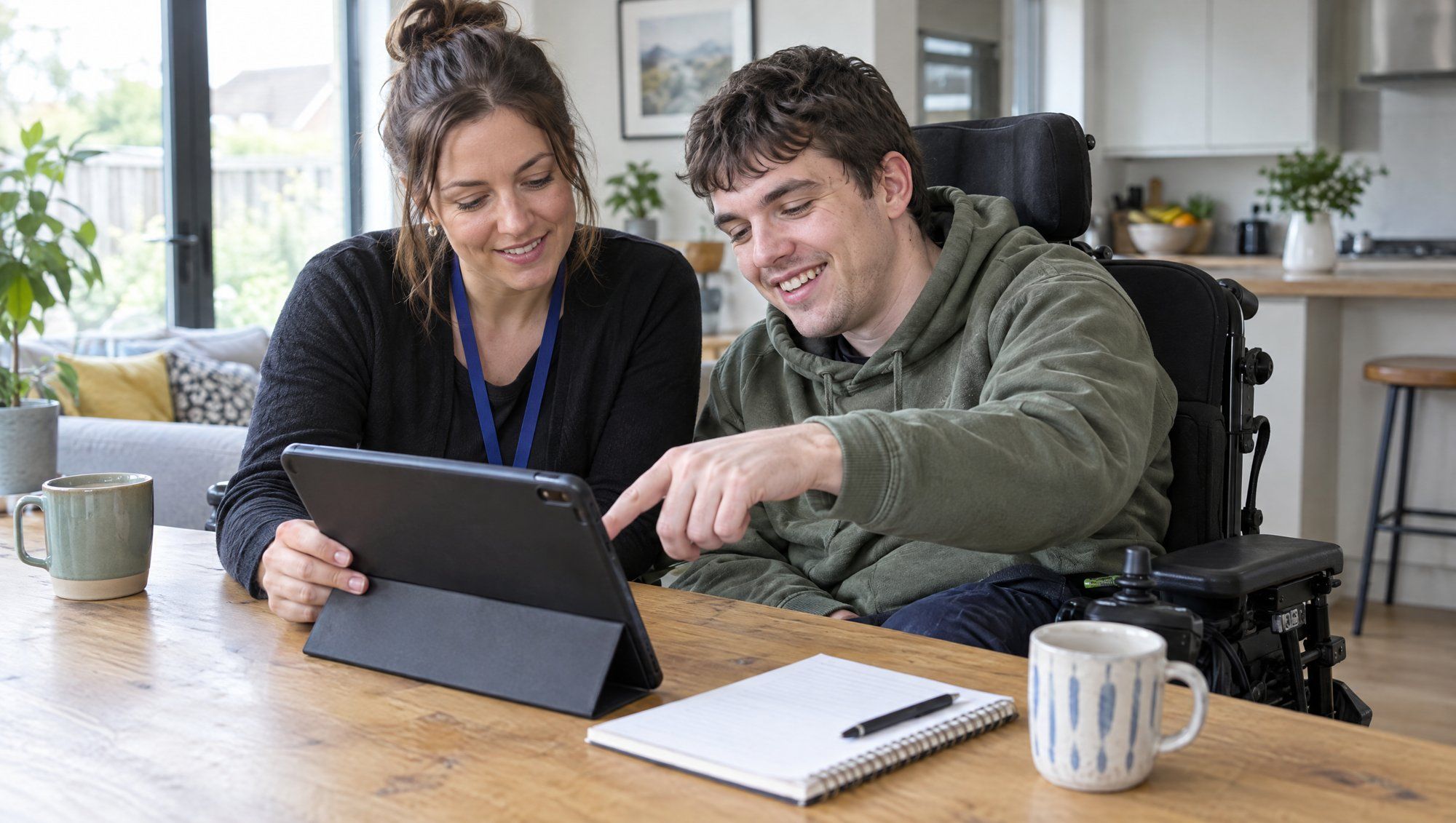 A support coordinator and a young man in a wheelchair look at housing options together on a tablet